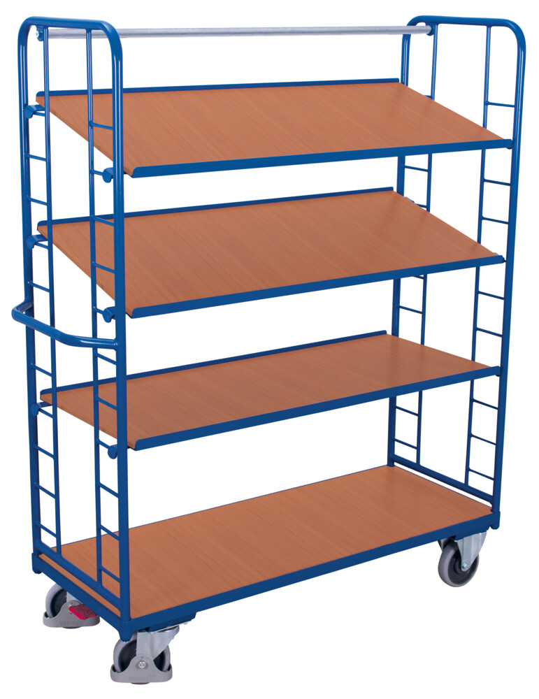 [sw-540.202] Stellingwagen met 4 houten legborden - Variofit (1355 x 550 mm, RAL 5010)