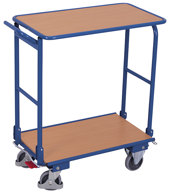 [sw-450.836] Inklapbare magazijnwagen met duwbeugel met 2 schappen - Variofit (RAL 5010)